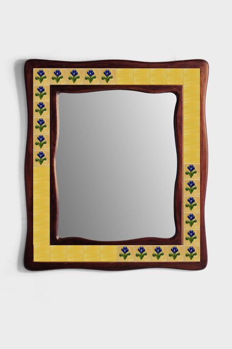 NOTE: Our Mirror Can Be Customize To Any Size You Want (we do custom mirror size or shape as per clients requirements) Yellow Tile With Blue Flowers Tile Mirror On Sagwan Wooden Frame is sure to give the elegance and rich look you need for your home.A decorative mirror is the perfect choice to upgrade your home décor along with adding a pleasant experience of your reflecting beauty. The mirror is a piece of art designed to complement both traditional and modern living space. High quality materia Diy Mirror Frame Decoration, Tiled Mirror, London Decor, Mosaic Mirror Frame, Modern Eclectic Home, Tile Mirror, Custom Mirror, Floral Tile, Mirror Frame Diy