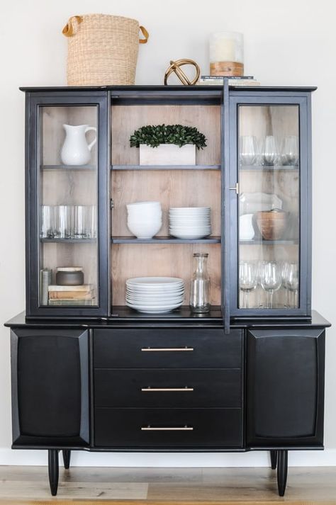 How To Make A China Cabinet Look Modern, Glass China Cabinet Display, Vintage China Cabinet Decor, Antique Display Cabinet Makeover, Organize China Cabinet, Modern China Cabinet Makeover, China Cabinet Display Farmhouse, Boho China Cabinet Display, China Cabinet To Coffee Bar