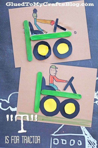 This "T" is for Tractor kid craft idea was super fun and rather easy for my six year old, especially since he's really into anything with wheels these days! Tractor Crafts, Farm Theme Preschool, Farm Animal Crafts, Farm Preschool, Farm Crafts, Alphabet Crafts, Kid Craft, Winter Crafts For Kids, Popsicle Stick