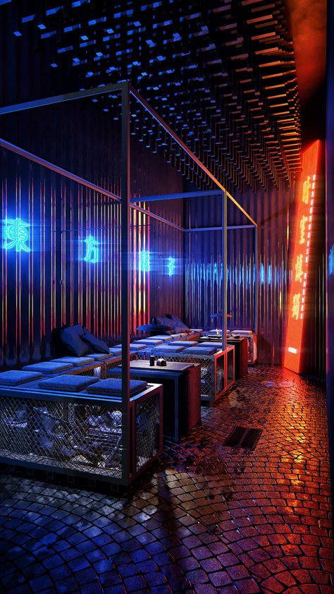 Hustler Street Style on Behance Asian Bar, Cyberpunk Interior, Chinese Bar, Nightclub Design, Bar Interior Design, Bar Interior, Lounge Design, Bar Design Restaurant, Lounge Decor