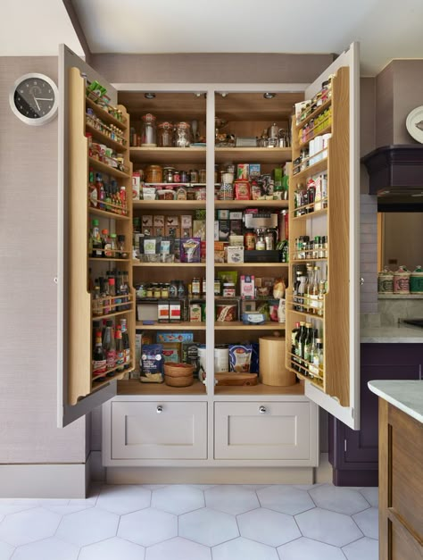 Larder Pantry Cupboard, Modern Pantry Cupboard Design, Creative Kitchen Island Design, Floor To Ceiling Larder Cupboard, Larders And Pantries, Built In Larder Cupboard, Pull Out Larder Cupboard, Close Kitchen Design, Organised Kitchen Cupboards