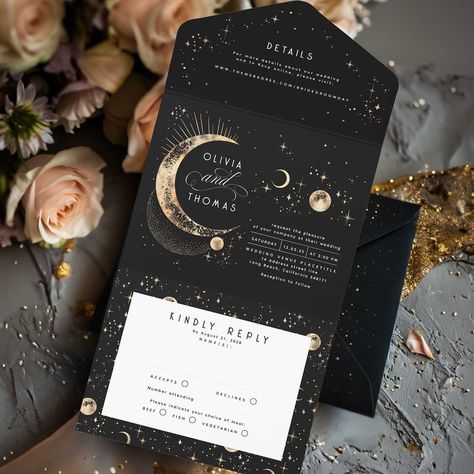 This romantic black and gold all-in-one wedding invitation offers a breathtaking preview of the beauty that your special day will unfold. It combines the wedding invitation itself with a detachable RSVP card for guests to return, and a section detailing your wedding specifics, including your website. This elegant and compact design effortlessly blends simplicity with a touch of luxurious sophistication. Adorned with celestial motifs such as the crescent moon, radiant sun halo, twinkling stars, w Witchy Wedding Inspiration, Black Fall Wedding Invitations, Black Navy Gold Wedding, Celestial Theme Invitation, Coldplay Wedding Theme, Moon And Stars Wedding Theme Receptions, Black And Gold Celestial Wedding, Romantic Celestial Wedding, Whimsical Celestial Wedding