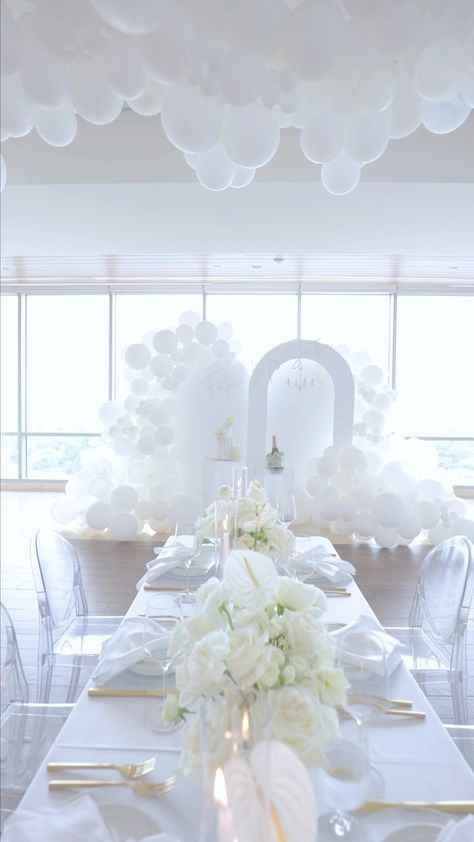 Engagement decor 💗💍 | Instagram All White Gender Reveal Party Decor, White Gender Reveal Decorations, Shes On Cloud 9 Bridal, Cloud 9 Backdrop, White Bday Party, All White Gender Reveal, Baby Shower Blanco, All White Gender Reveal Party, All White Baby Shower Theme