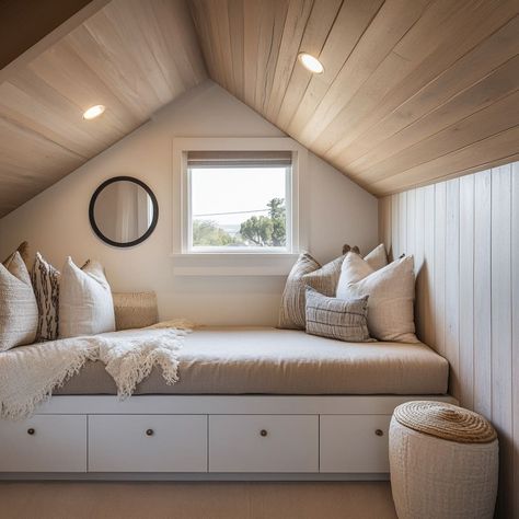 Low Attic Bedroom, Low Sloped Ceiling Bedroom, Low Attic Bedroom Ideas, Small Attic Spaces, Attic Bedroom Decor, Low Attic, Sloped Ceiling Bedroom, Attic Bed, Attic Bedroom Ideas