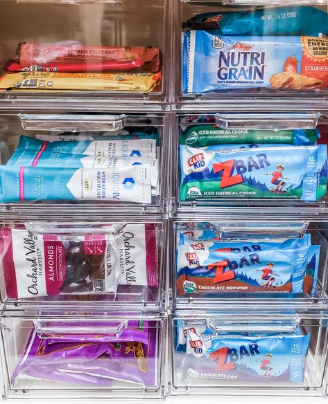 👏We're loving these stacking fridge bins in pantries (and craft rooms and playrooms...) as they help maximize space especially when fixed shelves are far apart and we have lots of small things that need homes. 🙌They tend to be perfect for protein bars, individually wrapped snacks, small items – and we recommend keeping restocking nearby! ✨Even though they're labeled as fridge bins, we like to think outside the box and see how we can use products for our needs – not what it says it's for. Refrigerator Snack Drawer For Kids, Snack Organizer Walmart, Clear Storage Bins Organization Pantry, Pantry Organization For Kids' Snacks, Fridge Organizer Walmart, Pantry Containers, Acrylic Containers, Snack Organizer, Stackable Bins