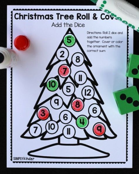 Christmas Tree Roll & Cover Christmas Math Games - Simply Kinder Christmas Math Games First Grade, Roll A Tree Dice Game, Christmas Math Activities Kindergarten, Roll A Christmas Tree, Christmas Tree Math, December Centers, Christmas Math Games, Easy Math Games, Christmas Math Centers