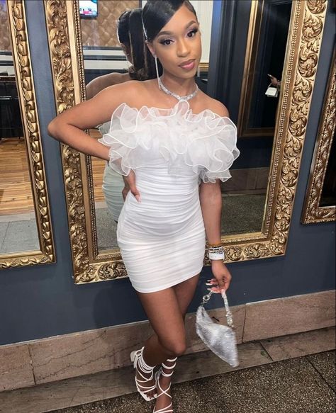 Clueless White Dress Outfit, 8 Grade Prom Dresses Black, Cute Birthday Outfits Black Women Sweet 16, Sweet 18th Birthday Outfit, Ruffle Dress Black Women, White A Line Mini Dress, 13 Birthday Dress Ideas, White Graduation Dress 8th Grade, Birthday Outfits 12-14