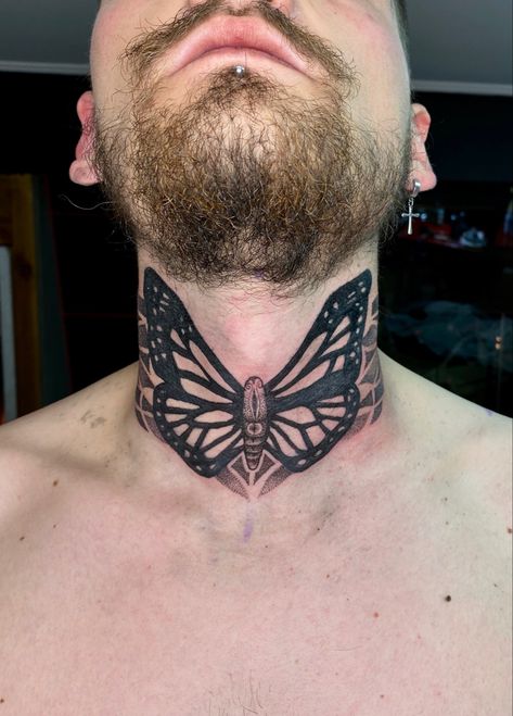 Butterfly neck tattoo male tattoo Butterfly Neck Tattoo Men, Tattoos For Guys Neck, Women Neck Tattoo Ideas, Men Neck Tattoo Ideas, Male Neck Tattoo, Neck Tattoo Ideas Female, Tattoo Male, Butterfly Neck Tattoo, Tattoo Ideas Males