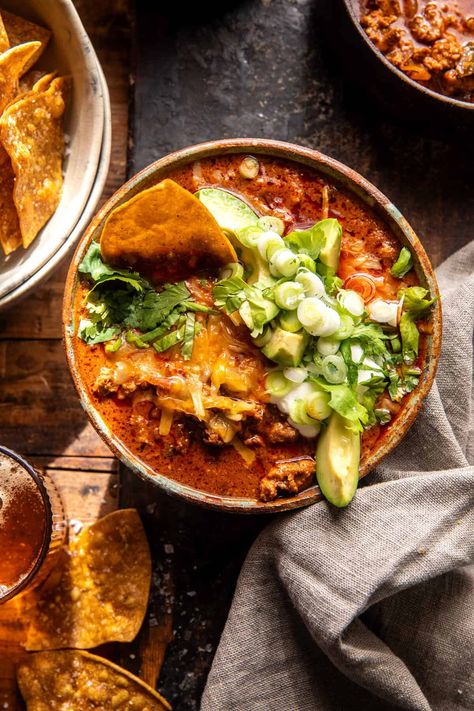 Spicy Buffalo Turkey Chili. Spicy Buffalo Turkey Chili Half Baked Harvest, Chili Half Baked Harvest, Lentil Potato Soup, Buffalo Turkey, Vegan Chili Recipe, Postpartum Meals, Half Baked Harvest Recipes, Chili Toppings, Stews And Soups