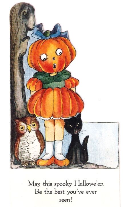 Vintage 1930s Halloween Card Pumpkin Girl Owl Black Cat 1930s Halloween, Black Cat Vintage, Vintage Halloween Cards, Owl Black, Pumpkin Girl, Vintage Halloween Images, Pull Toys, Carte Halloween, Halloween Graphics