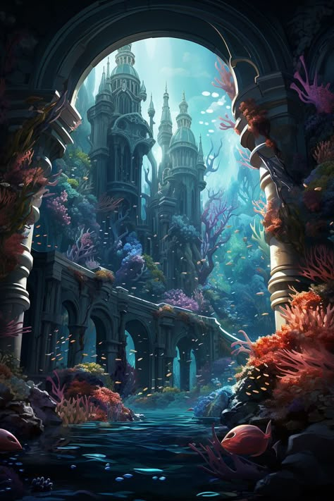 Ocean City Concept Art, Lost Temple Concept Art, Deep Ocean Fantasy Art, Sea Kingdom Fantasy Art, Ocean Kingdom Fantasy Art, Mermaid Kingdom Fantasy Art, Coral City Fantasy Art, Nature Kingdom Fantasy Art, Fantasy Ocean Village