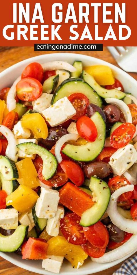 This Ina Garten Greek Salad is a healthy and delicious salad. This Barefoot Contessa copycat recipe is loaded with flavor and easy to make. This salad is light, refreshing and delicious and full of crunchy vegetables and simple ingredients. #eatingonadime #inagartengreeksalad #greeksalad #barefootcontessasalad Ina Garten Greek Salad, Greek Orzo Salad, Barefoot Contessa Recipes, Greek Salad Dressing, Ina Garten Recipes, Greek Salad Recipes, Barefoot Contessa, Colorful Salads, Easy Salad Recipes