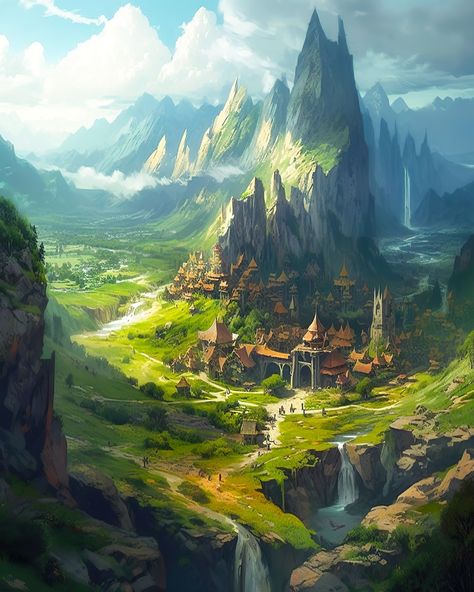 Fantasy Environment, Kingdom City, Mountainous Landscape, Fantasy Town, Mountain City, Mountain Illustration, Location Inspiration, Landscape Concept, Historical Background