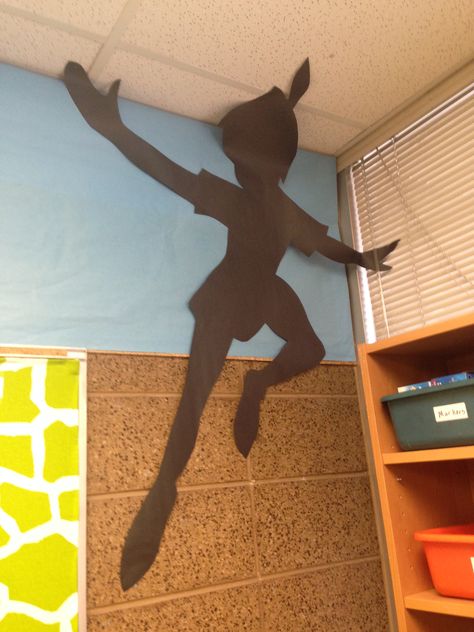 Peter Pan's shadow #Peterpan #classroom Peter Pan Preschool Activities, Peter Pan Classroom Door, Disney School Theme Ideas, Disney Preschool Classroom Decor, Neverland Classroom Theme, Peter Pan Themed Classroom, Peter Pan Decorations Classroom, Disney Library Theme, Disney Themed Classroom Preschool