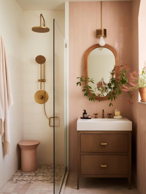 Small Bathroom Ideas Moroccan Style, Small Downstairs Bathroom Ideas, Tiny Pink Bathroom Ideas, Small Bathroom Ideas Pink Tiles, Calming Bathroom Ideas, Small Walk In Shower Ideas, Small Family Bathroom, Small Toilet Tiles Pink, Farmhouse Small Bathroom Ideas