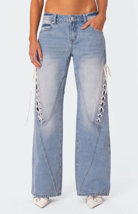 Edikted Low Rise Ribbon Lace Up Jeans | PacSun Low Rise Wide Leg Jeans, Lace Up Jeans, Slim Fit Cargo Pants, Jeans Pacsun, Curve Jeans, Kids Swimwear, Denim Details, Low Rise Jeans, Denim Fabric