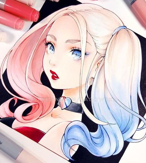 Harley Quinn Anime, Asia Ladowska, Copic Marker Art, Copic Art, Harley Quinn Art, Arte Fantasy, Art And Illustration, Marker Art, Anime Sketch