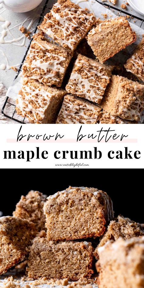 2 stacked images of maple cake: top image of overhead photo of sliced cake on parchment lined wire rack and bottom image of head on photo of stacked slices of cake Maple Cakes, Maple Desserts, Dessert For Fall, Maple Icing, Cake Fall, Maple Cake, Fall Cake, Fluffy Cake, Cake Base