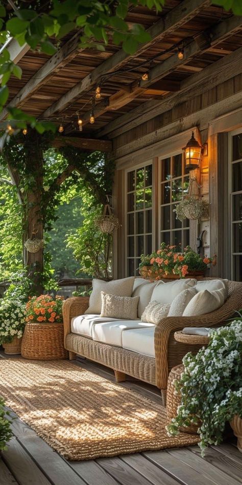 Spring Porch Decor, Dream House Interior, Lush Greenery, Backyard Patio Designs, Dream House Exterior, House Goals, Covered Porch, Dream House Decor, Outdoor Rooms