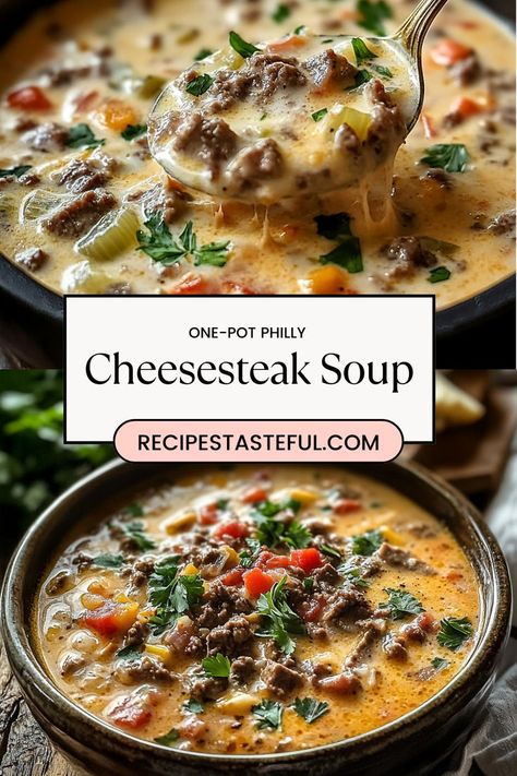 Easy One-Pot Philly Cheesesteak Soup is a hearty and flavorful soup loaded with tender beef, melted cheese, and all the classic Philly cheesesteak ingredients. A comforting meal that's ready in no time! #PhillyCheesesteakSoup #OnePotMeals #ComfortFood Keto Philly Cheesesteak Soup, Cheesesteak Soup Crockpot, Cheesesteak Soup Recipe, Cheese Steak Soup Recipe, Easy Hearty Meals Comfort Foods, Crockpot Recipes Philly Cheese Steak, One-pot Philly Cheesesteak Soup With Bacon And Cheesy Toast, Healthy Steak Soup Recipes, Philly Cheesesteak Stew