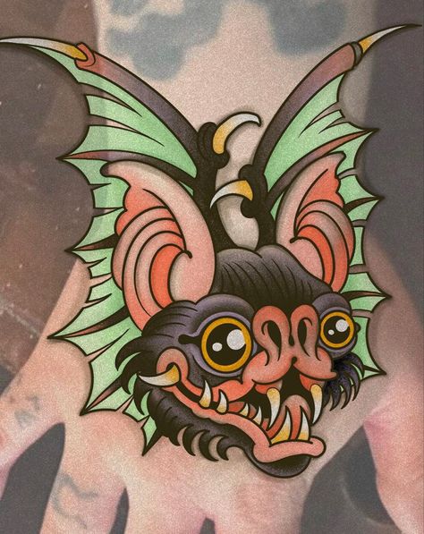 Traditional Tattoo Painting, Bat Head, Traditional Tattoo Inspiration, American Traditional Tattoo Ideas, Traditional Tattoo Ideas, Traditional Tattoo Designs, Art Flash, Bat Tattoo, One Piece Tattoos