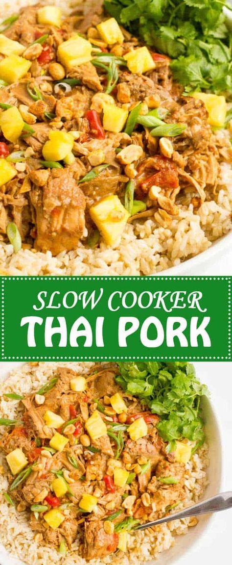 Slow cooker Thai pork takes just a few minutes to prep and comes out with tender chunks of pork and a rich, delicious peanut sauce! Recipes With Pork Chunks, Slow Cooker Thai, Thai Pork, Pork Crockpot Recipes, Thai Foods, Food On The Table, Homemade Goodies, Pot Dinners, Pork Carnitas