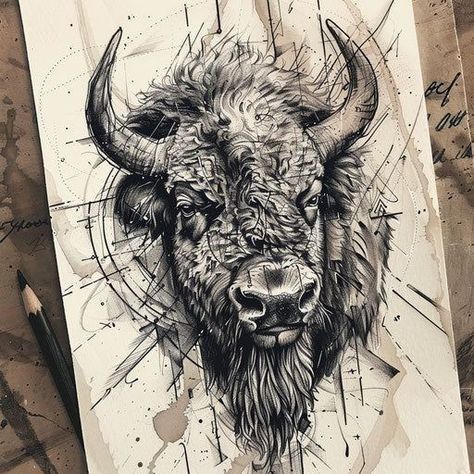 White Buffalo Drawing, Buffalo Tattoo Feminine, American Indian Tattoo, Bison Tattoo, Outlaw Tattoo, Buffalo Tattoo, Deer Skull Tattoos, Black Sleeve Tattoo, Tattoo Party