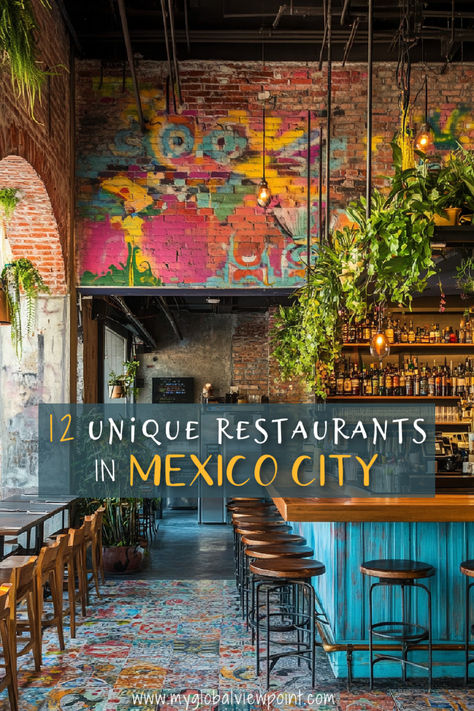 Interior of a colorful and trendy restaurant in Mexico City with vibrant wall art, lush greenery, and a stylish bar with wooden stools, showcasing a lively dining atmosphere. Tequila Tasting Mexico City, Mexico City Buildings, Best Restaurants Mexico City, Upscale Mexican Restaurant Design, Mexican Restaurant Exterior, Mexico City Food, Mexican Restaurant Design, Mexican Restaurant Decor, Gourmet Tacos