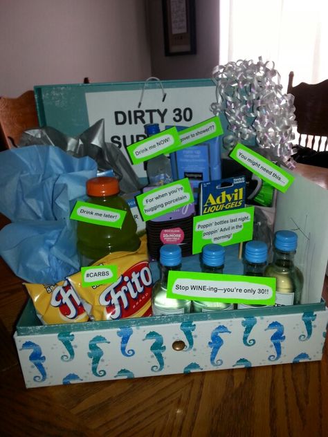 Dirty 30th birthday survival kit!! Birthday Friend Funny, Birthday Survival Kit, 30th Birthday Themes, Birthday Gifts For Brother, Birthday Friend, Friend Funny, Presents For Best Friends, Dirty 30, Survival Kits