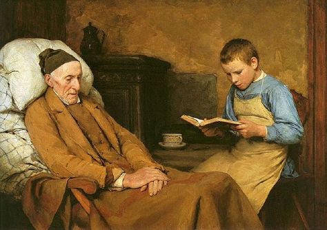 "Die Andacht des Grossvaters", also known as "Reading Devotions to Grandfather" (1893), by Swiss artist - Albert Anker (1831-1910), Oil on canvas, 63 x 92 cm. (24.8 x 36.22 in.), Kunstmuseum - Bern, Switzerland. People Reading, Mary Cassatt, Alberto Giacometti, Reading Art, Book People, Reading A Book, World Of Books, Kids Reading, Book Reader