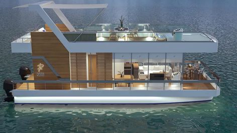 This New Line of ‘Houseyachts’ Includes a Floating RV and an Overwater Two-Story Condo House Yacht, Expensive Apartment, Upscale Decor, Second Story Deck, Power Catamaran, Smart Glass, Outdoor Dining Spaces, Floating House, Boats Luxury