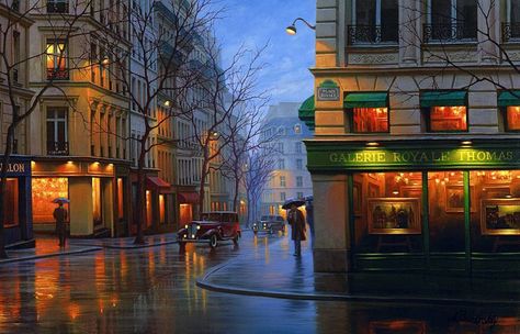 Alexey Butyrsky is a Russian artist who paints big cities like Paris, Venice or San Francisco with an impressive realism Rain Paintings, Evgeny Lushpin, Moscow Art, Window To The Soul, Romantic Night, Paul Gauguin, Cityscape Painting, Russian Artists, Street Scenes