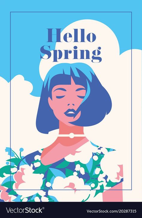 Hello spring romantic poster vector image on VectorStock... Minimalist Character Illustration, Flat Colour Illustration, Spring Design Poster, Flat Portrait Illustration, Poster Vector Design, Spring Vector Illustration, Minimalist Portrait Illustration, Vector Illustration Styles, Selfportraits Illustration