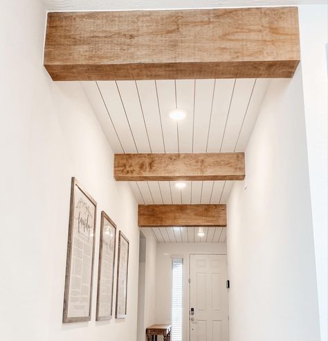 How To Cover Up Support Beams, Shiplap Ceiling With Faux Beams, Wood Panelling Ceiling, Beam Over Doorway, No Trim Walls, Plank And Beam Ceiling, Living Room Beam Ideas, Shiplap And Beam Ceiling, Accent Beams Ceilings