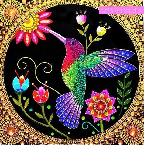 Hummingbird Artwork, Anna's Hummingbird, Bird Drawing, Hummingbird Art, Design Mandala, Mandalas Design, Paint Rock, Dot Art Painting, Mandala Dots