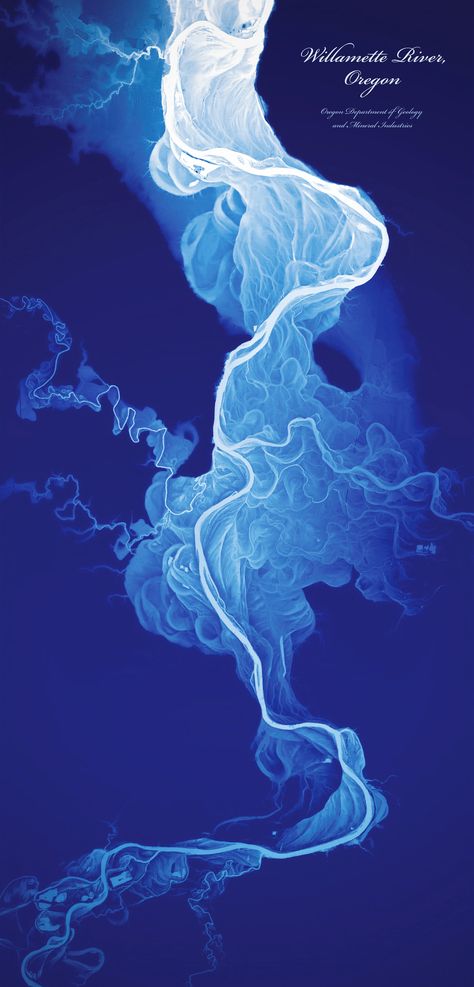 Willamette River, by Daniel E. Coe of the Oregon Department of Geology and Mineral Industries, displays a 50-foot elevation range, with lower elevations shown in white and higher elevations in dark blue. Coe used LIDAR data to make the map; he writes that he was inspired by maps of the Mississippi River made by Harold N. Fisk for a 1944 Army Corps of Engineers study. From Atlas of Design. Colossal Art, Water Art, Map Art, Geology, Shades Of Blue, Oregon, Seeds, Abstract Art, Art Inspiration