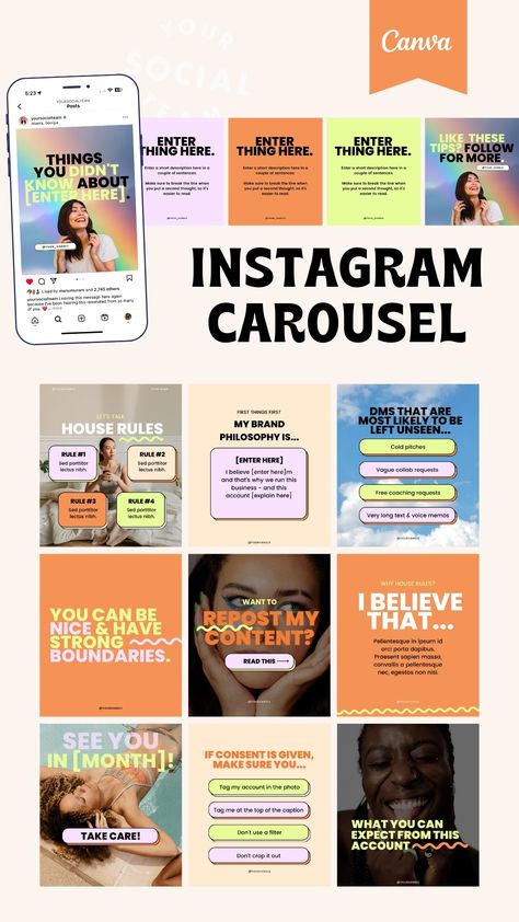 Need help designing an Instagram Carousel? This pack of Instagram Carousel Canva templates comes with 7 different designs so you can create Instagram content in minutes!! Not only are these templates designed beautifully, but they can be customized for any brand! Fun Social Media Design, Social Media Color Palette, Instagram Carousel Design Ideas, Social Media Carousel Design, Instagram Carousel Ideas, Carousel Inspiration, Brand Instagram Feed, Color Palette Instagram, Create Instagram Content