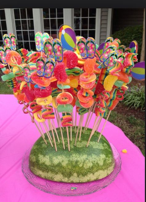 Kabobs Cute Fruit Kabobs, Luau Party Candy Table Ideas, Fruit Ideas For Birthday Party, Bad Bunny Pool Party, Cocomelon Snack Ideas, Fruit On Stick Ideas, Candy Skewers Kabobs Ideas, Tropical Birthday Party Ideas For Kids, 13 Birthday Pool Party Ideas