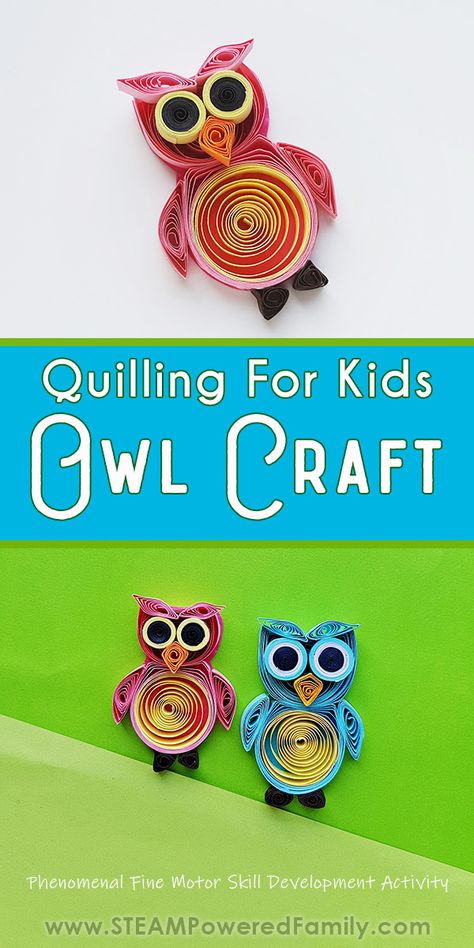 This paper craft owls are sooo cute! Quilling for kids is such a wonderful activity for exploring creativity and building fine motor skills. This quilled Owl Craft is easy, cute, budget friendly, and fun! #Crafts #owls Quilling For Kids, Quilled Owl, Quilling Owl, Owl Craft, Animal Activities For Kids, Homemade Books, Paper Folding Crafts, Paper Owls, Fine Motor Skills Development