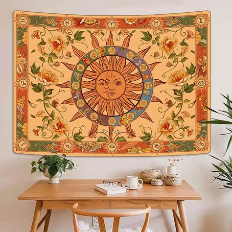 Sun and Moon Tapestry Boho Tapestry Orange Tapestries Hippie Uv Room, Skeleton Horror, Witchy Tapestry, Sun Moon Tapestry, Sun Tapestry, Tarot Card Tapestry Bedroom, Sun And Moon Tapestry, Skull Tapestry, Horror Tapestry