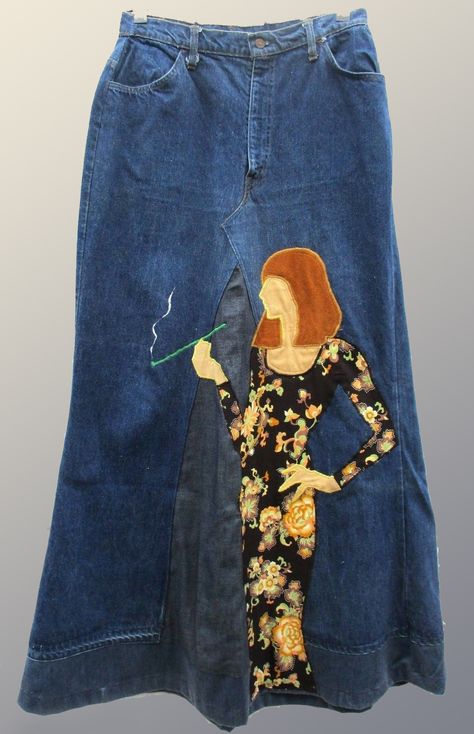 Levis Embroidery, 1970s Embroidery, Skirt Embroidery, Denim Applique, Applique Clothes, Maxi Denim Skirt, Applique Skirt, Denim Maxi, Denim Maxi Skirt