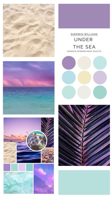 Mermaid Bathroom Paint Colors, Purple Beach Bedroom, Mermaid Paint Colors, Sea Glass Palette, Purple Beach Decor, Mermaid Wedding Color Scheme, Mermaid Color Pallete, Sea Shell Color Palette, Bright Beachy Color Palette