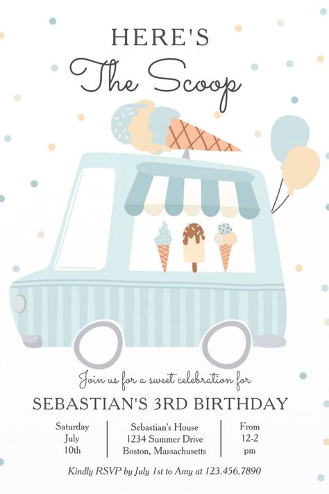 Here's The Scoop Ice Cream Truck Birthday Party Invitations for Boys Ice Cream Truck Birthday Party, Two Sweet 2nd Birthday, Ice Cream Truck Birthday, Ice Cream Birthday Party Invitations, Ice Cream Party Decorations, Blue Ice Cream, Truck Birthday Party, Ice Cream Birthday Party, Truck Birthday