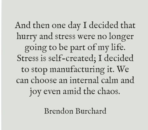 "And then one day I decided that hurry and stress were no longer going to be part of my life. Stress is self-created; I decided to stop manufacturing it. We can choose an internal calm and joy even amid the chaos." Calm Quotes, Choose Joy, A Quote, Note To Self, Woman Quotes, Great Quotes, Inspirational Words, Cool Words, Words Quotes