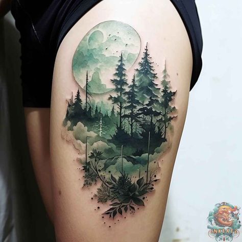 Green Forest Tattoo, Fantasy Forest Tattoo, Green Watercolor Tattoo, Houseplant Tattoos, Wicked Tattoo Ideas, Unique Nature Tattoos, Green Ink Tattoo, Enchanted Forest Tattoo, Magical Tattoos