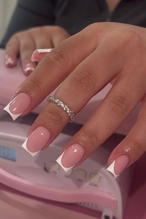 French Nails Acrylic Short Square, Acrylic Overlay Nails Natural French, Fat Finger Nail Shape, Short Simple Acrylic Nails Classy, Basic Nails Ideas, Tapered Square Nail Designs, Basic Nail Designs, Short Square French Tip, Short Frenchies