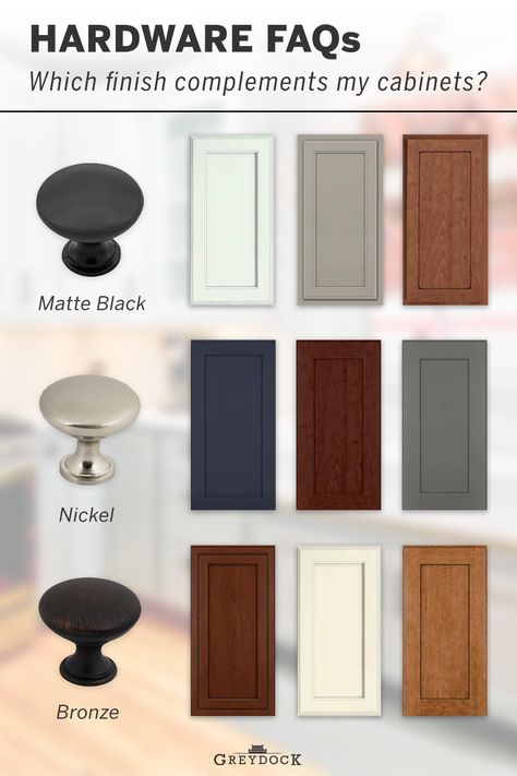 Wondering which color knob will look good on your cabinets? Black hardware adds a strong statement not only to lighter cabinets, but also some wood tones. Nickel knobs pop against darker finishes like navy, cherry or grey. Oil rubbed bronze is a great choice for lighter wood tones. Though if you want a streamlined look on darker cabinets, give bronze a try! Read more on our blog. #cabinethardware Grey And Cherry Wood Kitchen, Black Hardware Wood Cabinets, Two Tone Kitchen Cabinets Black Hardware, Kitchen Cabinet Hardware Cherry Cabinets, White Kitchen Cabinets With Oil Rubbed Bronze Hardware, Black Bronze Kitchen Hardware, Cherry Wood Cabinet Hardware, Black Hardware On Wood Cabinets, Knobs For Brown Kitchen Cabinets