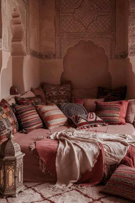 Looking for a unique bedroom aesthetic? Moroccan-inspired decor with warm tones, detailed wall designs, and cozy accents is perfect for a home refresh that stands out. #MoroccanBedroom #CozyNook #BohoChicDecor #BedroomRefresh #HomeDecorIdeas Middle Eastern Room Aesthetic, Persian Bedroom Aesthetic, Arabic Bedroom, Persian Bedroom, Aesthetic 2025, Moroccan Inspired Decor, Detailed Wall, Interior Design 2024, Moroccan Interior Design