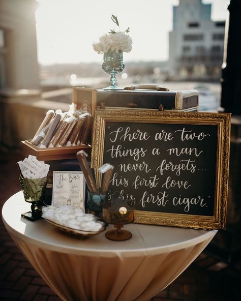 “There are two things a man never forgets...his first love and his first cigar.” We designed this adorable cigar bar for Lauren and Tyler’s big day. The concept of cigar lounges began in European high society, where gentlemen would retire to smoke cigars and engage in conversation after dinner. For this wedding, we wanted a spot outdoors for guests to gather, celebrate and then refresh with a mint and get back to the dancefloor. ⠀⠀⠀⠀⠀⠀⠀⠀⠀ Photography: @andrewhaydenphoto Event Design& Decor: @... Brick Wedding Venue, Wedding Cigars, Lounge Party, Bridal Shower Flowers, Wedding Place Settings, Cute Wedding Ideas, Welcome To The Party, Wedding Mood Board, Wedding Goals