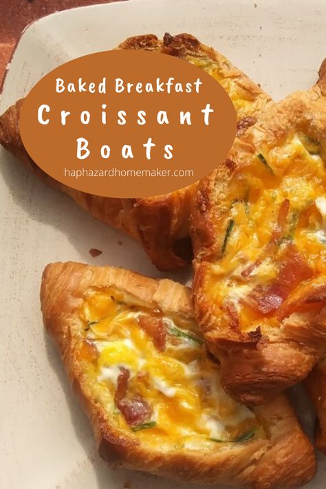 These Baked Breakfast Croissant Boats are so easy to make and are absolutely delicious! Perfect to make ahead for a quick weekday breakfast or light lunch. The omelet-like mixture soaks into the light airy bread and fills the air spaces inside of the croissant with yummy goodness. My, oh my, oh my!  #breakfast #breakfastrecipe  #croissant #haphazardhomemaker Crossant Breakfast Egg, Make Ahead Breakfast Croissant, Croissant Bread Sandwich, Croissant Breakfast Boats, Stuffed Breakfast Croissant, To Go Breakfast Sandwiches, Breakfast Casserole For Camping, Breakfast Pitch In, Overnight Breakfast Sandwiches